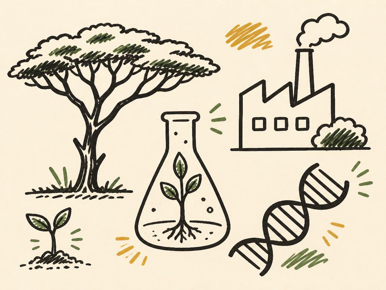 Hand-drawn illustration of an acacia tree, a seedling, a tissue culture flask, a factory and a DNA helix